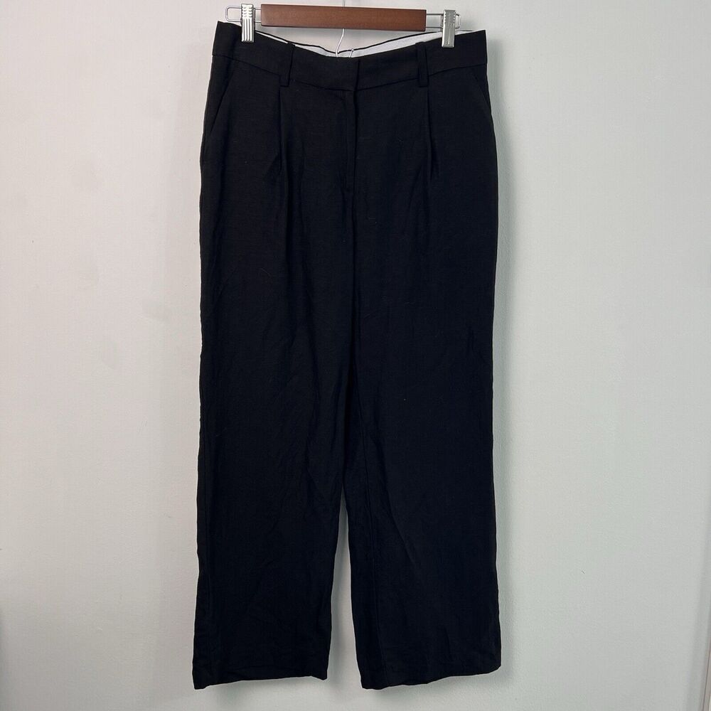 H&M Womens Pants Linen Blend Size 6 Pleated Front Pockets Black